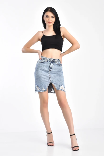 Açık Mavi Lazerli Yırtıklı Kar Yıkama Kot Etek