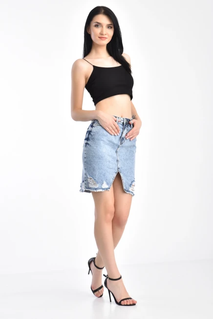 Açık Mavi Lazerli Yırtıklı Kar Yıkama Kot Etek