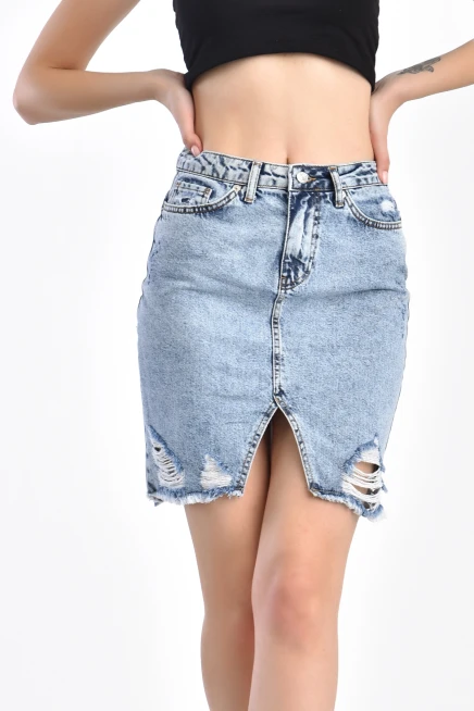 Açık Mavi Lazerli Yırtıklı Kar Yıkama Kot Etek