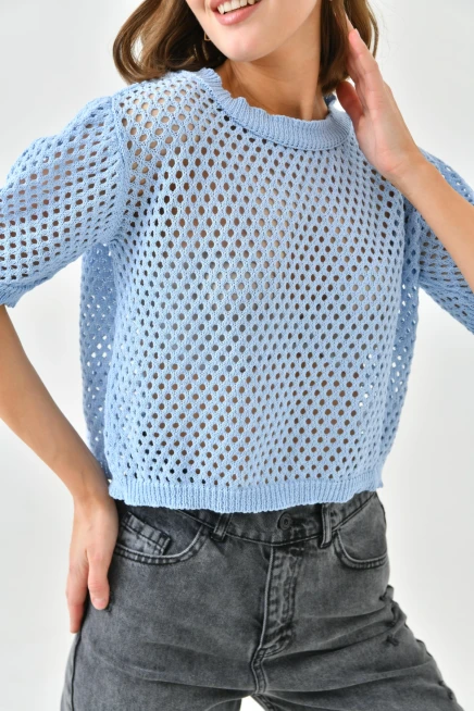 Kadın Bebe Mavi Ajurlu Mevsimlik Triko Kazak