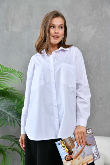 Kadın Beyaz Cep Detay Oversize Uzun Poplin Gömlek