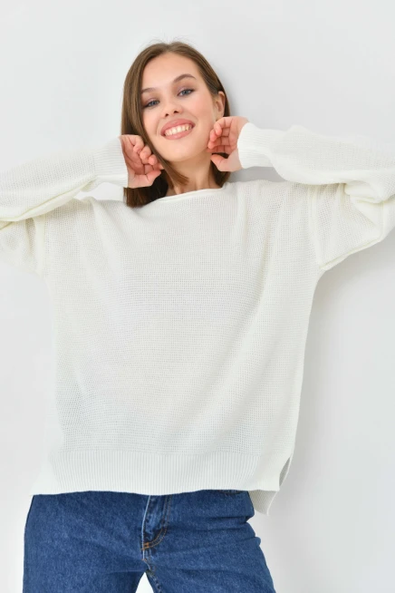 Bisiklet Yaka Arkası Uzun Yırtmaçlı Mevsimlik Triko Kazak