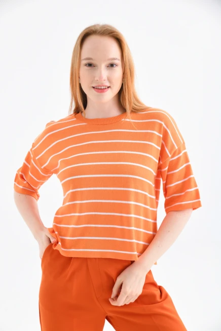 Bisiklet Yaka Çizgili Mevsimlik Kısa Triko Kazak