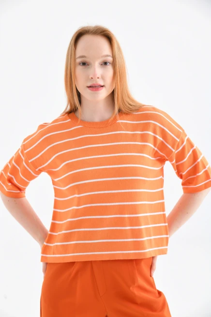 Bisiklet Yaka Çizgili Mevsimlik Kısa Triko Kazak