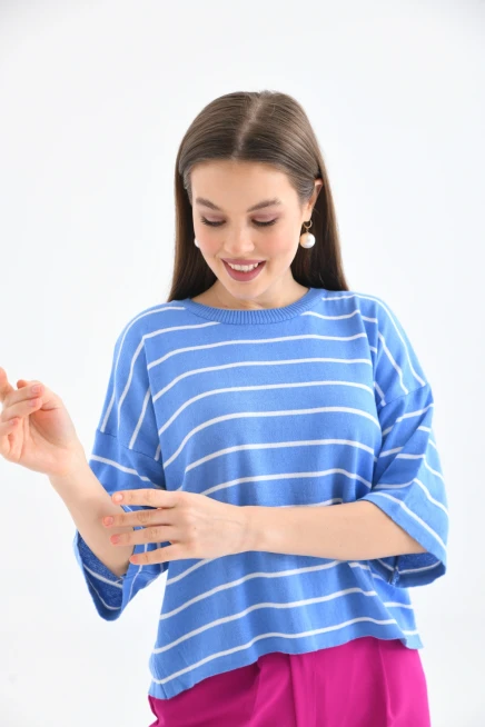 Bisiklet Yaka Çizgili Mevsimlik Kısa Triko Kazak