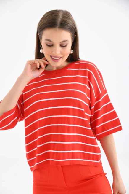 Bisiklet Yaka Çizgili Mevsimlik Kısa Triko Kazak