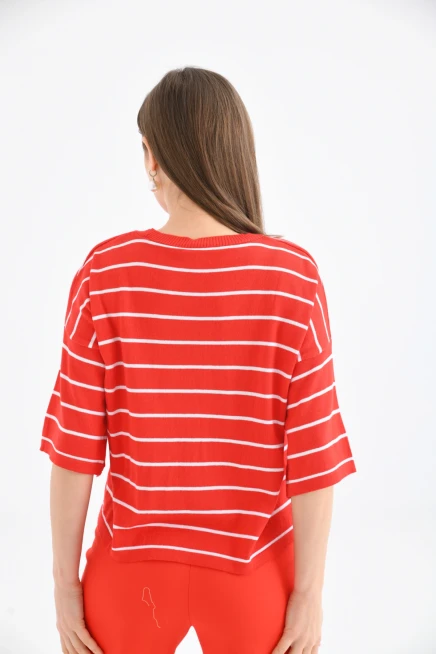 Bisiklet Yaka Çizgili Mevsimlik Kısa Triko Kazak