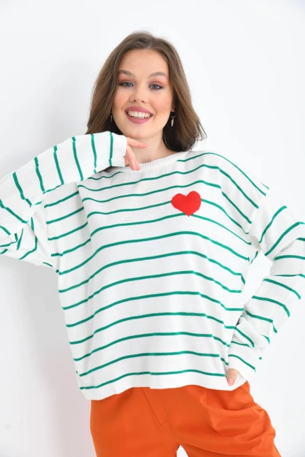 Bisiklet Yaka Salaş Çizgil Mevsimlik Triko Kazak