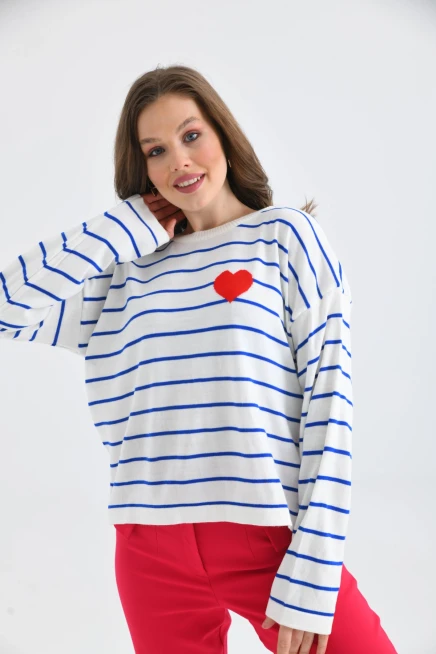 Bisiklet Yaka Salaş Çizgil Mevsimlik Triko Kazak