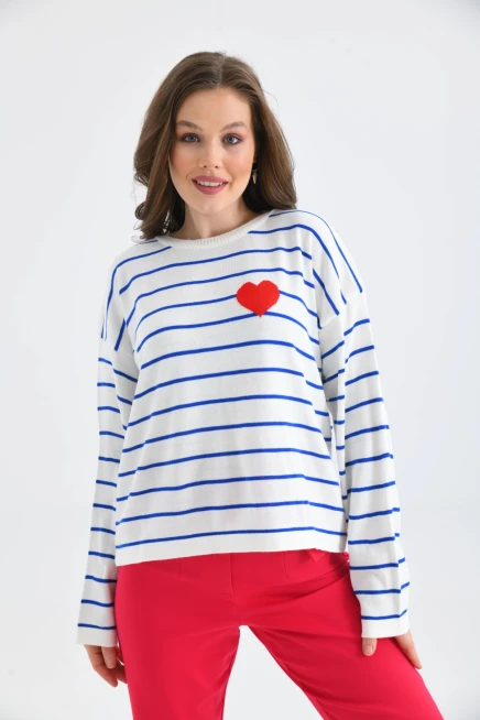 Bisiklet Yaka Salaş Çizgil Mevsimlik Triko Kazak