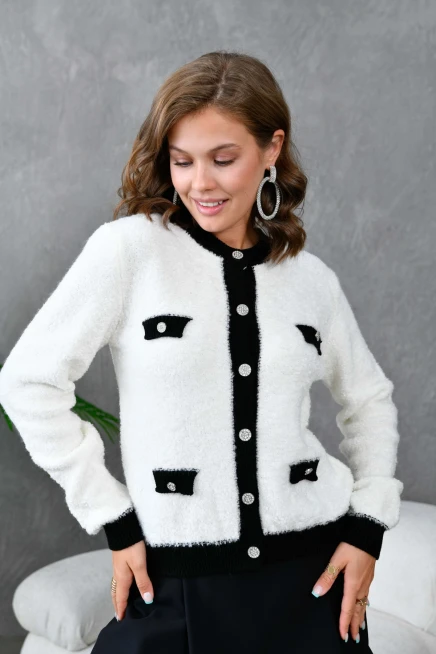 Kadın Düğme Detay Bürümcük Triko Hırka