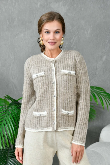 Kadın Düğme Detay Cepli Triko Hırka