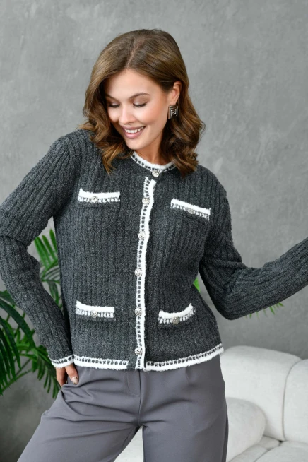 Kadın Düğme Detay Cepli Triko Hırka