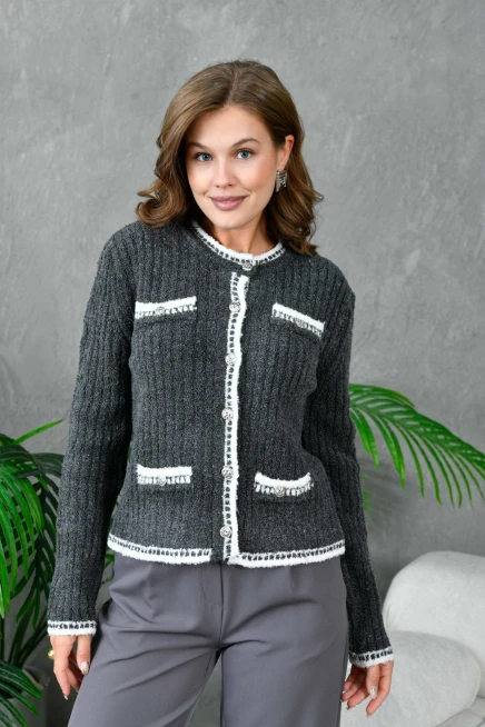 Kadın Düğme Detay Cepli Triko Hırka