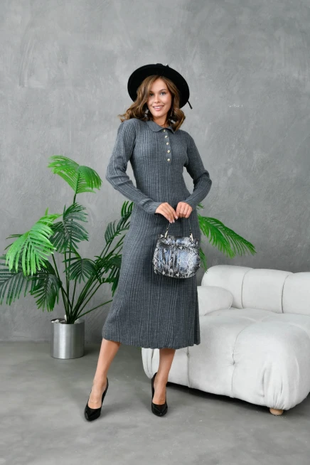 Kadın Düğme Detay Uzun Triko Elbise