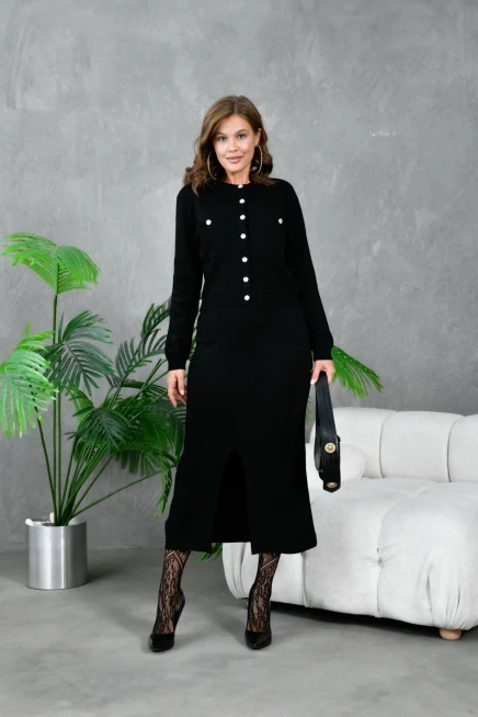 Kadın Düğme Detaylı Eteği Yırtmaçlı İkili Triko Takım