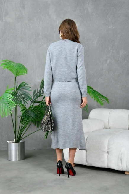 Kadın Düğme Detaylı Eteği Yırtmaçlı İkili Triko Takım