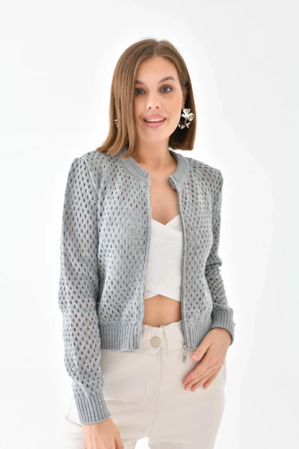 Bisiklet Yaka Fermuar Detaylı Delikli Triko Kazak