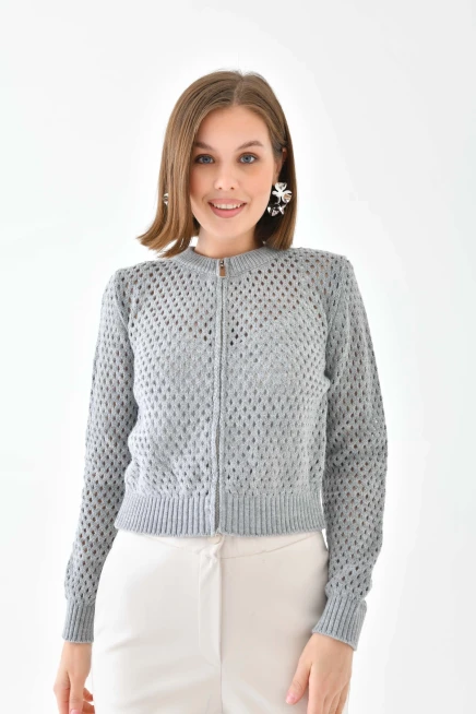 Bisiklet Yaka Fermuar Detaylı Delikli Triko Kazak