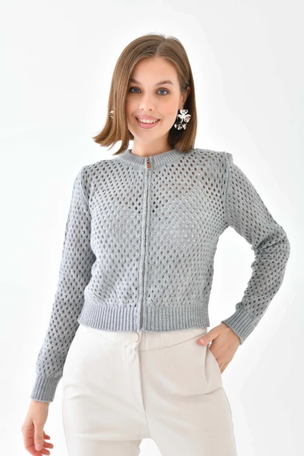 Bisiklet Yaka Fermuar Detaylı Delikli Triko Kazak