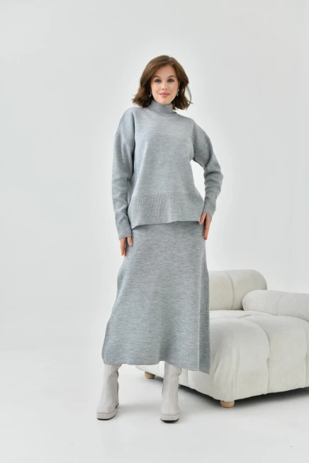 Kadın Gri Eteği Lastikli Triko Takım