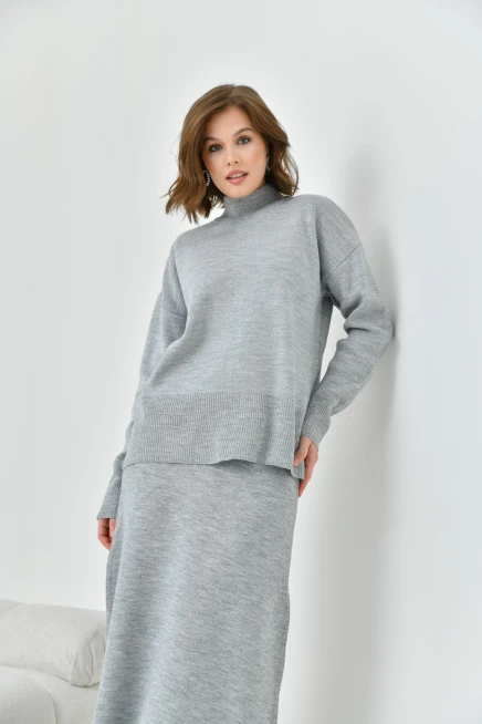 Kadın Gri Eteği Lastikli Triko Takım