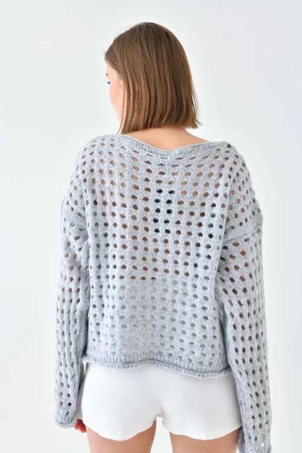 Simli Örgü Detaylı Oversize Bisiklet Yaka Triko Kazak