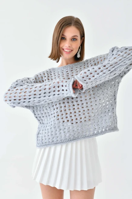 Simli Örgü Detaylı Oversize Bisiklet Yaka Triko Kazak