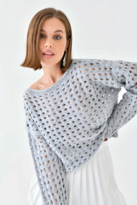 Simli Örgü Detaylı Oversize Bisiklet Yaka Triko Kazak