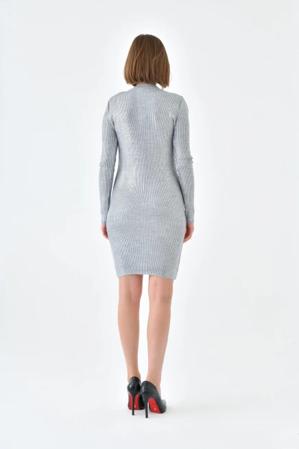 Slim Fit Bisiklet Yaka Varaklı Triko Elbise