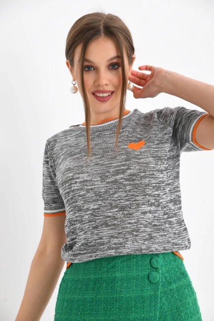 Gri-Turkuaz Kalp Desenli Kısa Kol Mevsimlik Kazak