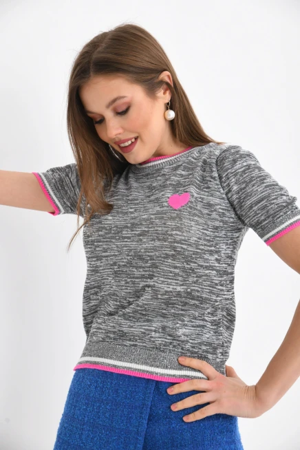 Gri-Turkuaz Kalp Desenli Kısa Kol Mevsimlik Kazak