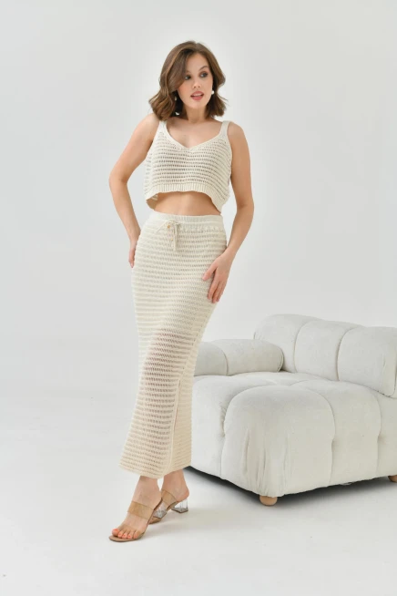Kadın Kemik Ajur Örgü Askılı Crop Astarlı Etek Kadın Triko Alt-Üst Takım
