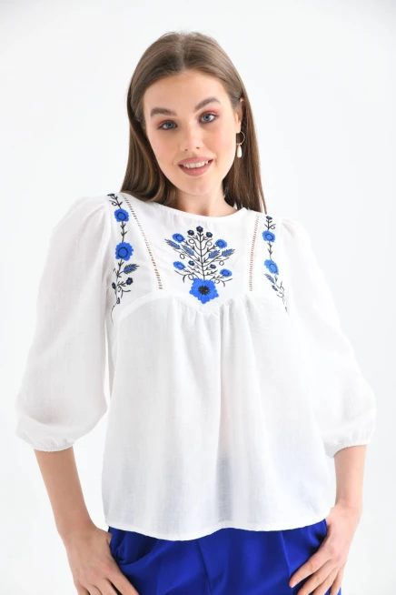 Kadın Kemik Bisiklet Yaka Balon Kol Nakışlı Aerobin Dokuma Bluz