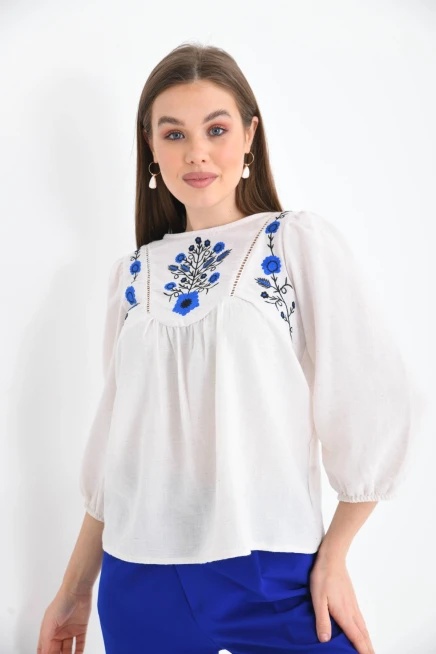 Kadın Kemik Bisiklet Yaka Balon Kol Nakışlı Aerobin Dokuma Bluz