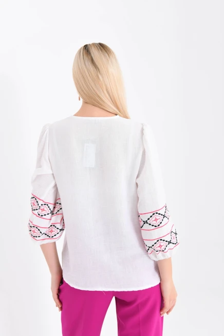Kadın V Yaka Nakış Bağlama Detaylı Salaş Bluz