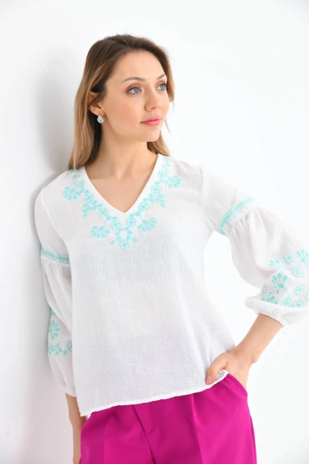 V Yaka Nakış Detay Salaş Bluz