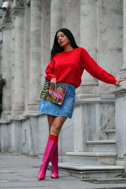 Bisiklet Yaka Kalp Desenli Triko Kazak