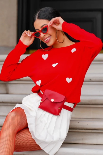 Bisiklet Yaka Kalp Desenli Triko Kazak