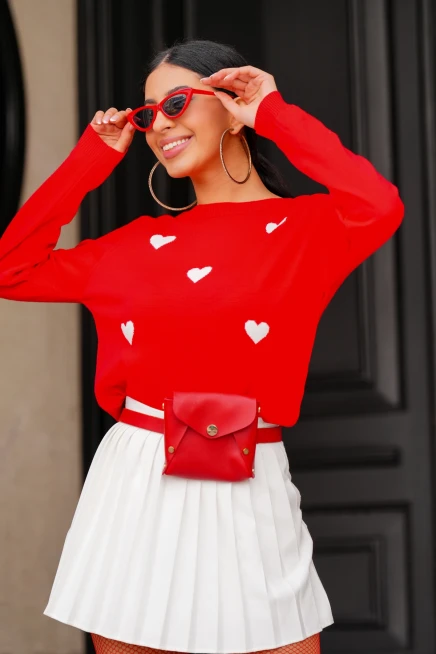 Bisiklet Yaka Kalp Desenli Triko Kazak