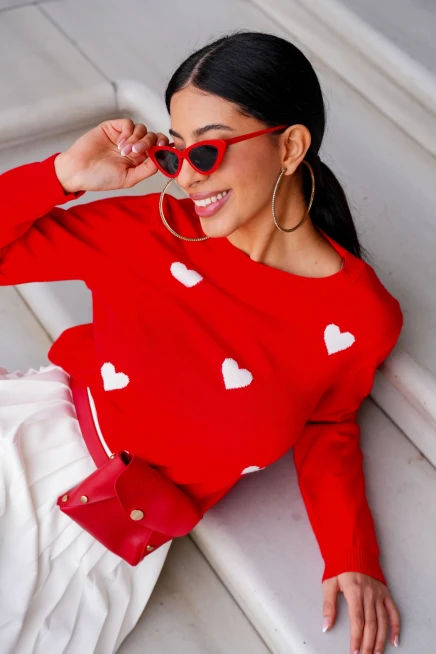 Bisiklet Yaka Kalp Desenli Triko Kazak