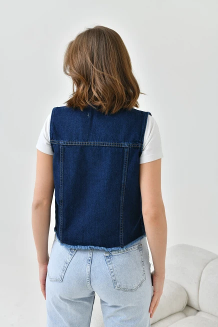 Kadın Koyu Mavi (Enzim) Düğme Detay Jean Yelek