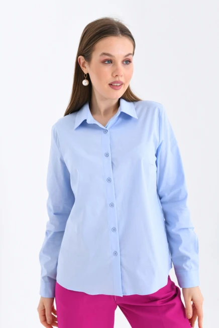 Kadın Mavi Basic Dokuma Gömlek