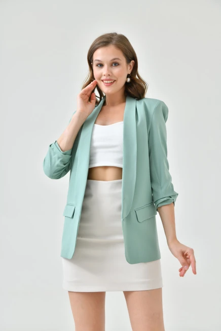 Kadın Mint Kol Büzgülü Blazer Ceket