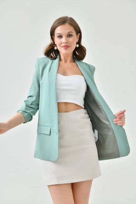 Kadın Mint Kol Büzgülü Blazer Ceket