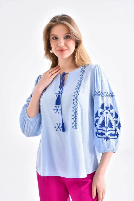 Kadın Nakış İşelmeli Bağcıklı Uzun Kol Dokuma Bluz