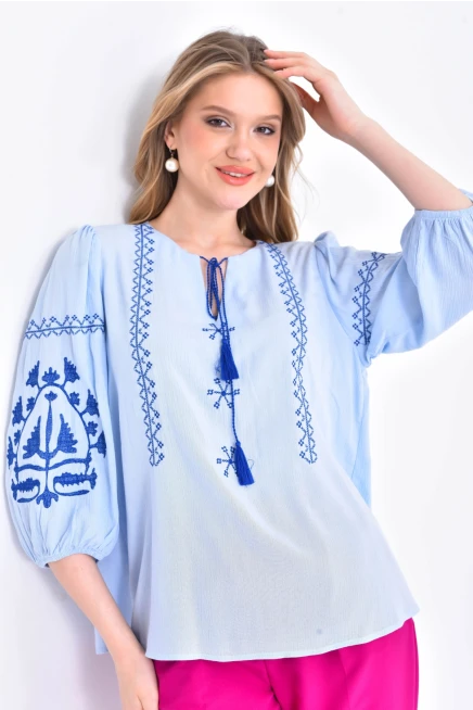 Kadın Nakış İşelmeli Bağcıklı Uzun Kol Dokuma Bluz