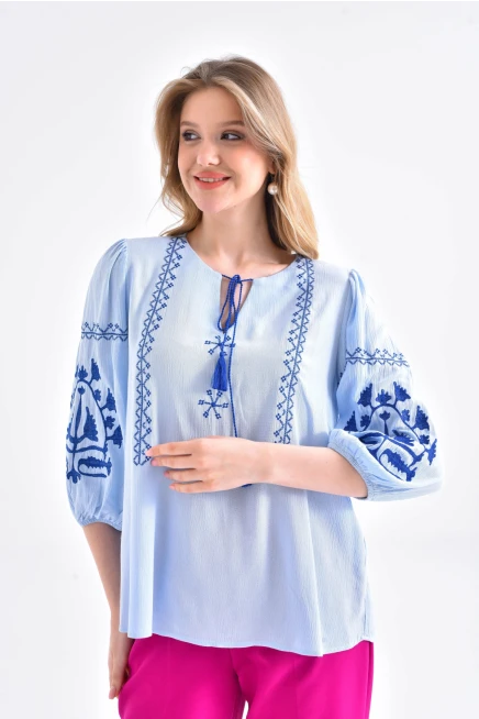 Kadın Nakış İşelmeli Bağcıklı Uzun Kol Dokuma Bluz