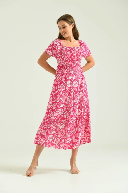 Kadın Pembe Kare Yaka Desenli Elbise