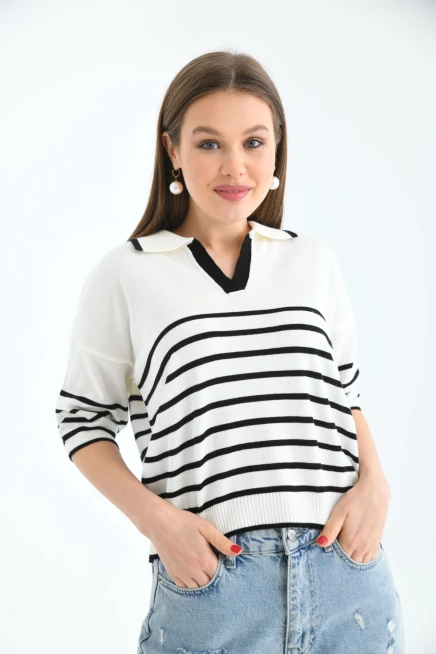 Kadın Polo Yaka Çizgili Triko Kazak Top-Ekru-Siyah